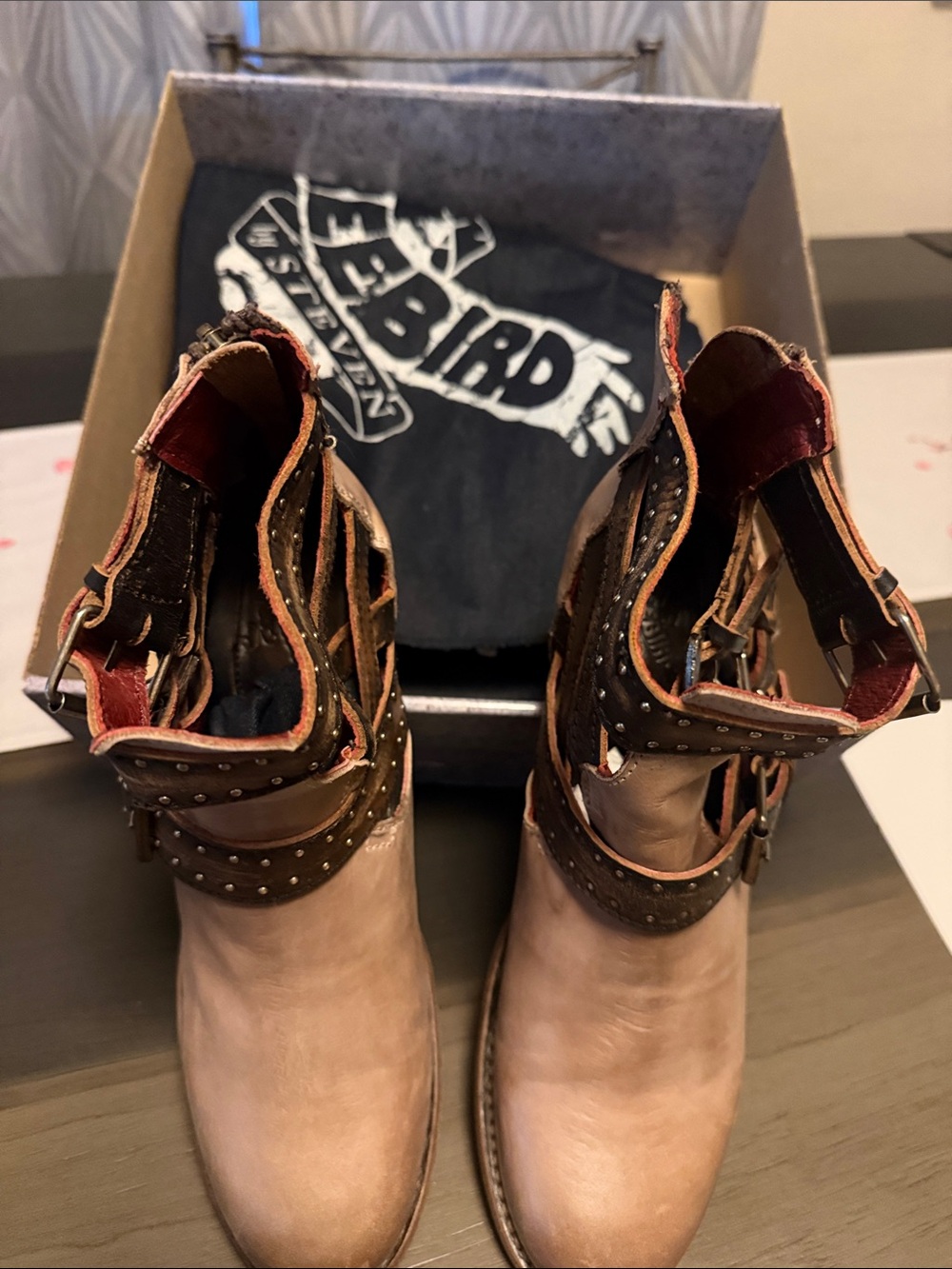 freebird Two-Tone Brown Leather Studded Ankle Booties